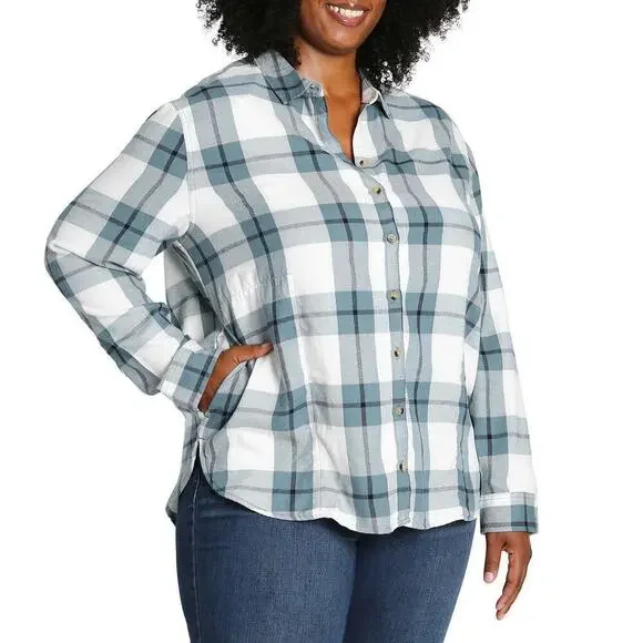 New Jachs Girlfriend Women's' Super Soft Flannel Side Pockets Button Front Shirt - Picture 5 of 7